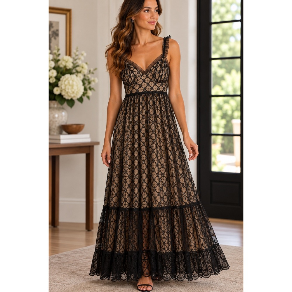Max Studio London Maxi Dress Women M Black Nude Lace Ruffle Whimsigoth 5911J60